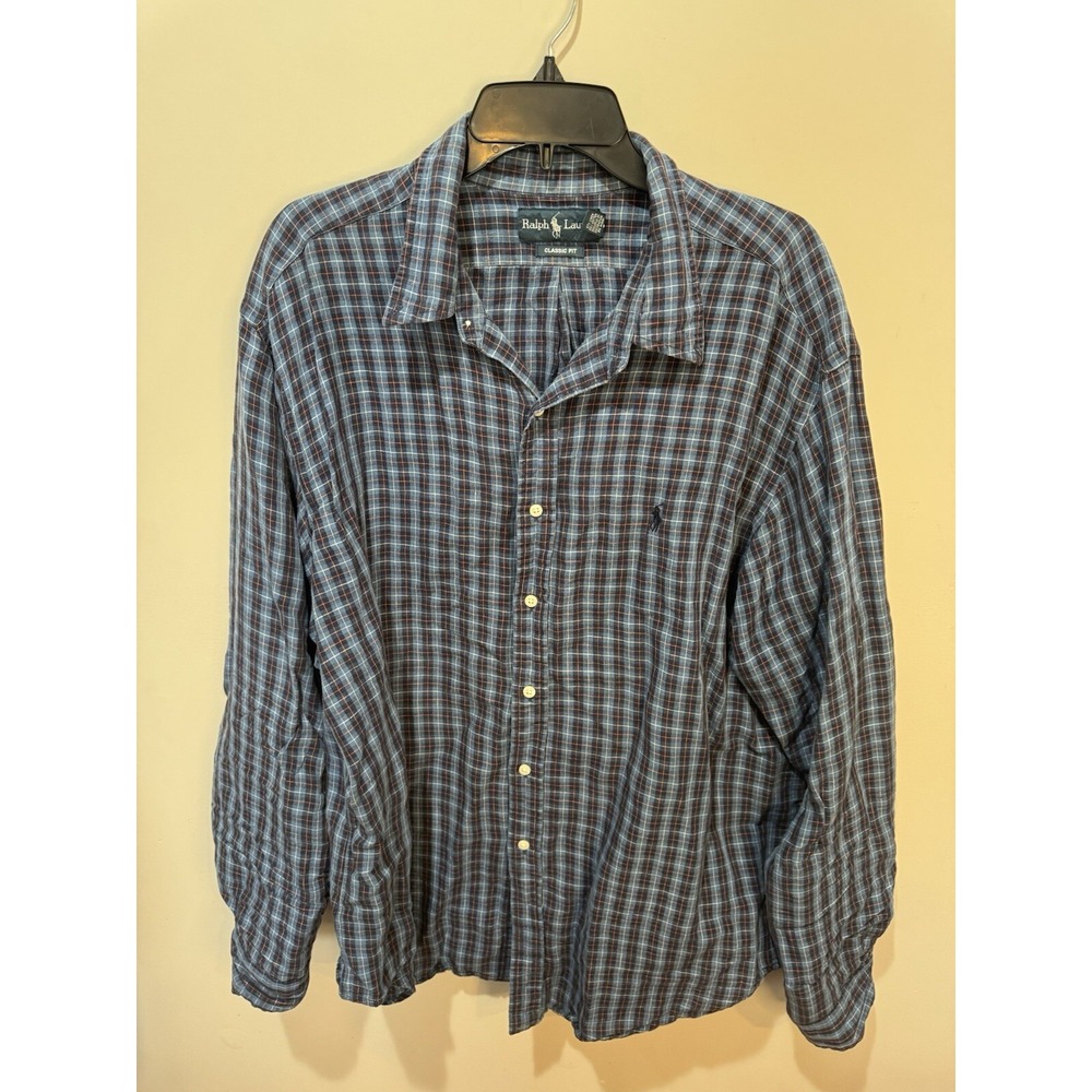 Ralph Lauren Classic Mens Shirt Sz XXL Blue Plaid Linen Blend‎ 2XL Long Sleeve